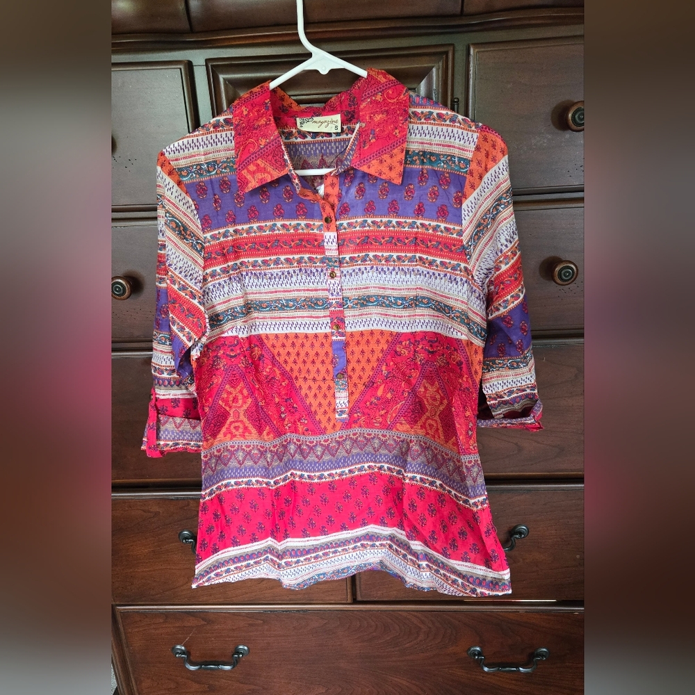 NWT, Magazine,  Colorful Cotton Button Down Shirt, Sz. S